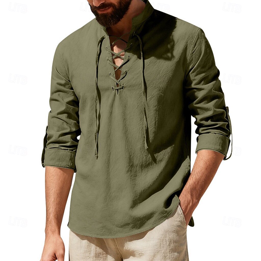 Муж. Рубашка Льняная рубашка Стиль Викингов Летняя рубашка Одежда для пляжа Рубашка с воротником-стойкой Сплошной цвет Повседневные Отпуск Черный Белый Зеленый Цвет хаки Длинный рукав 2026 - $12.49 –P8