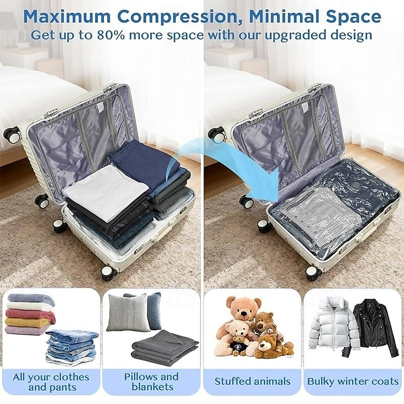 Bolsas de compresión para almacenamiento al vacío de viaje inalámbricas, juego de bolsas grises reutilizables con sellado al vacío, organizador de ropa transparente para equipaje, armario, embalaje de viaje. 2026 - $16.99 –P4
