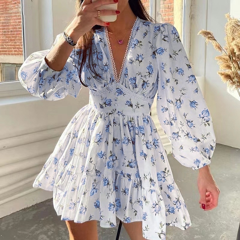 Women's Mini Dress A Line Dress Slip Dress Vacation Casual Outdoor Going out Regular Fit Floral Long Sleeve V Neck White Purple Green Summer Spring Fall 2026 - $26.99 –P3