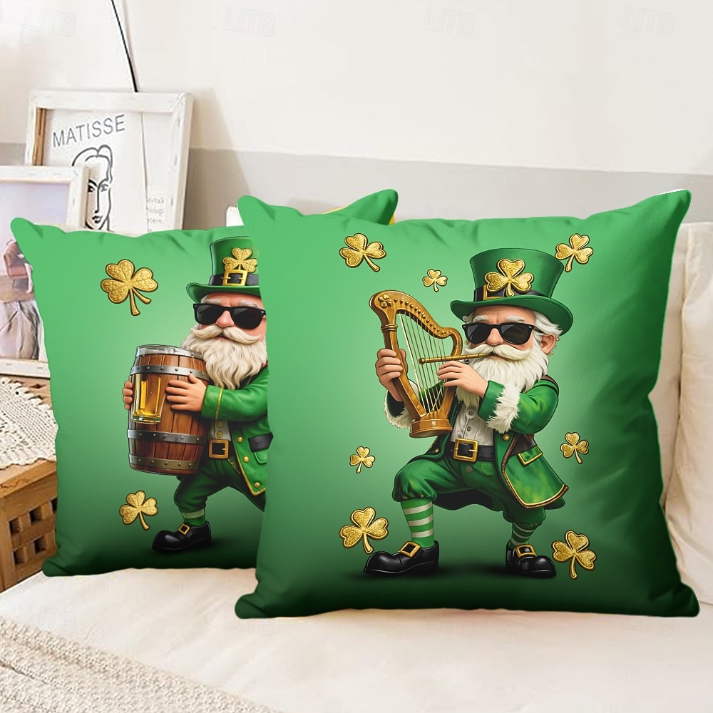 Szent Patrik-napi lóhere manó sör díszpárnahuzat 45x45 cm, vintage retro zöld 3D nyomtatott dekoratív párnahuzat 2026 - $10.99 –P3