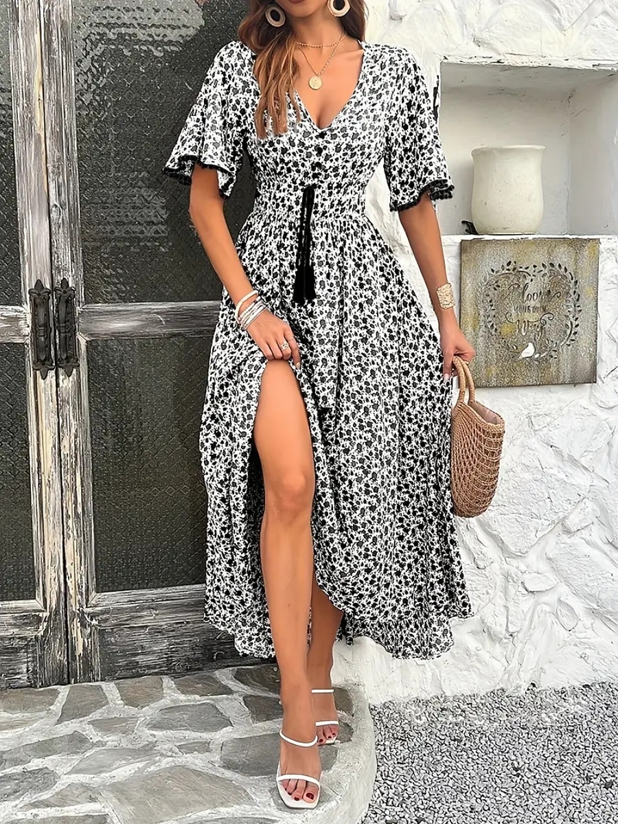 Women's Long Dress Maxi Dress A Line Dress Floral Dress Elegant Fashion Modern Daily Outdoor Vacation Regular Fit Floral Short Sleeve V Neck Blue Black Brown Summer Spring 2026 - $34.99 –P12