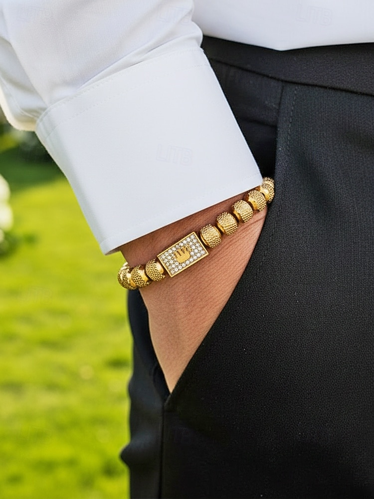 2026年 メンズステンレススチールブレスレット、ゴールド、シルバー、ブラックカラー、輝く石が付いたクラウンデザイン、結婚式、カジュアルな日常着、ファッションジュエリーに最適  コレクション – $11.99 –P2