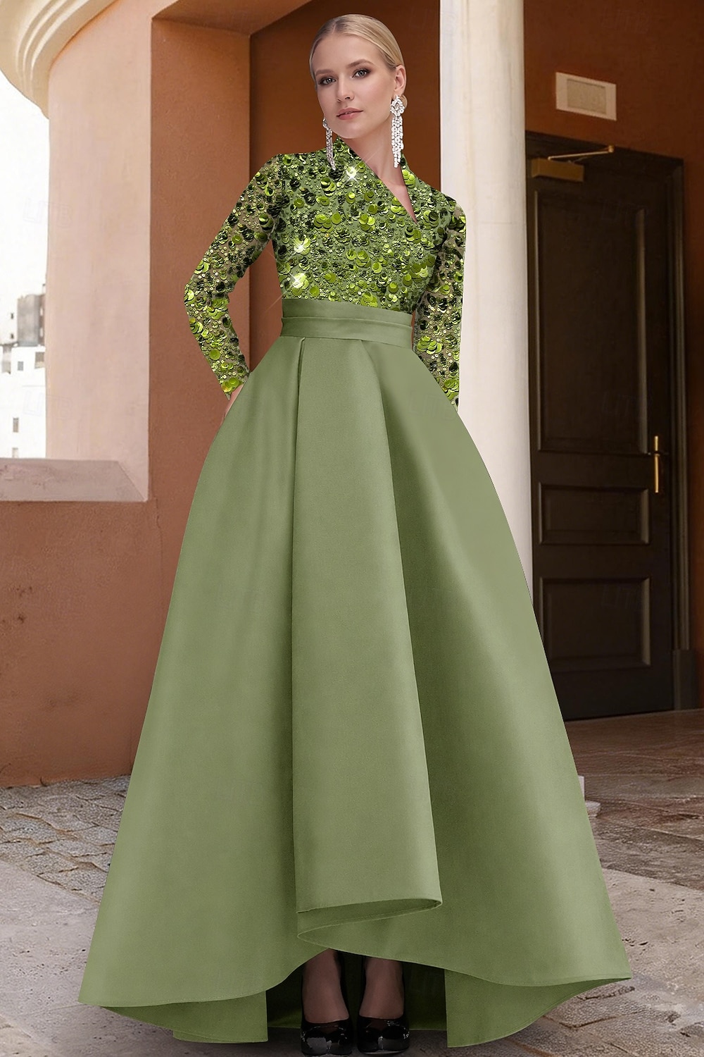 A-Line Asymmetrical Evening Gown Elegant Color Block Glittering Long Sleeve V Neck Wedding Formal Pocket Satin Sequined with Glitter Pocket