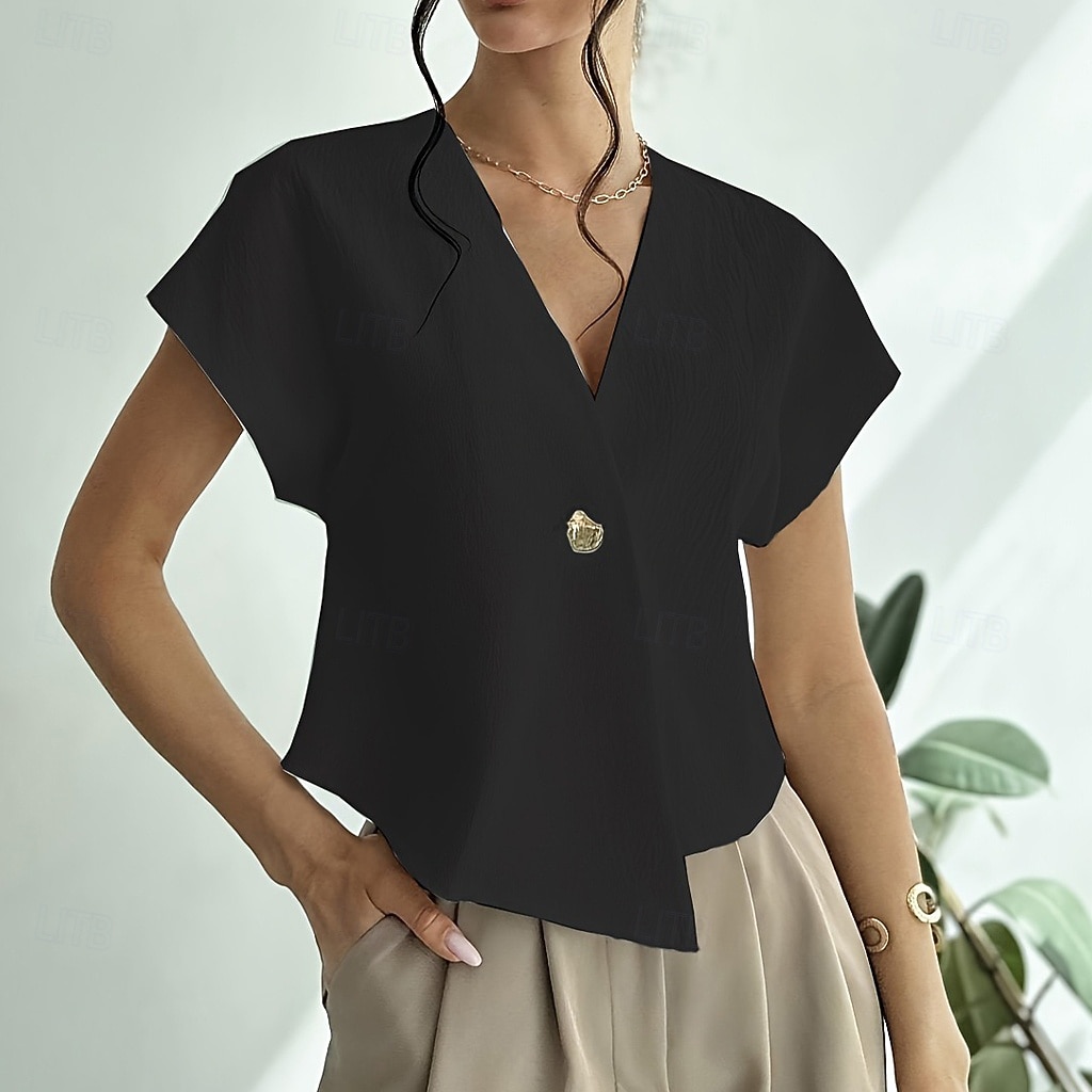 Femmes Chemise Décontractée Chemise Boutonnée Chemisier Boutons Ourlet asymétrique Couleur Unie Quotidien Élégant Occasionnel Manche Courte Col en V Hauts Réguliers Quotidien Fête Tenue de plage Noir de 2026 ? $21.99 –P3