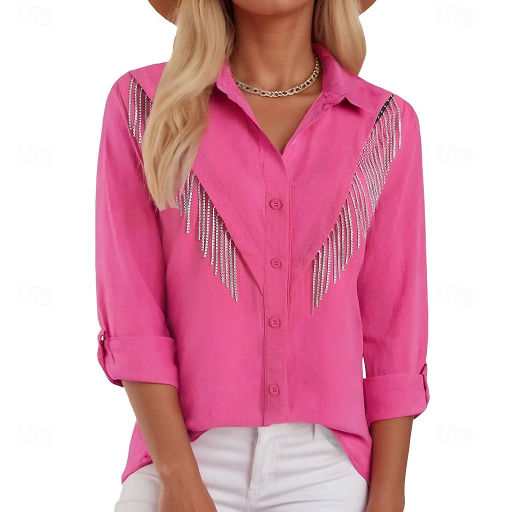 Damen Kleidhemd Knopfhemd Bluse Glitzer Knöpfe Strass Elegant Stilvoll Klassisch Langarm Umlegekragen Normale Oberteile Täglich Ferien Ausgehen Blau Schwarz Hellgrün Rosa Wein Sommer Frühling 2026 - $26.99 –P10