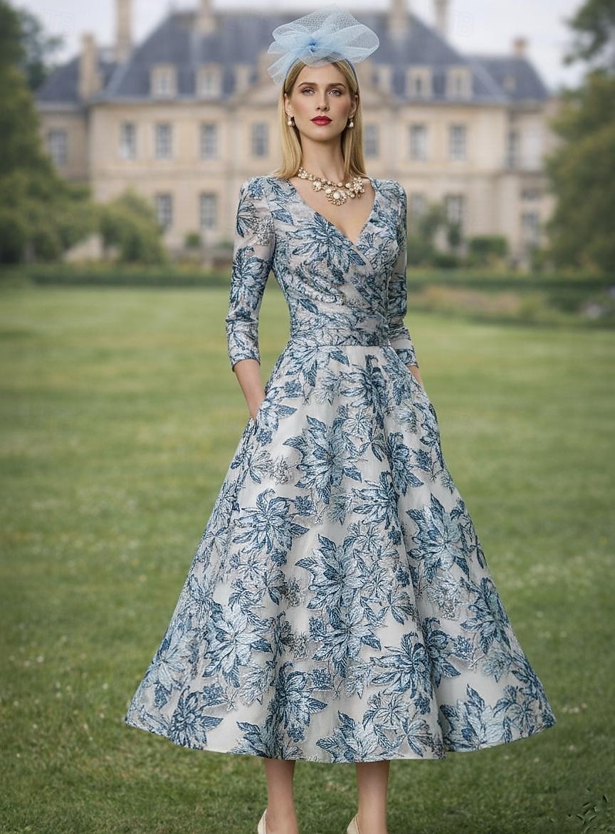 A-linje Ankellengde Festkjole Cocktail Kjole Gjestekjole til bryllup Kjole til brudens mor 3/4 ermer V-hals Elegant Årgang Formell Kentucky Derby Semi-formelt Jacquard med Plissert 2026 - $177.99 –P1