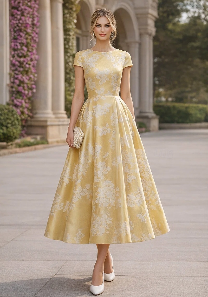 A-Line Tea Length Cocktail Dresses Wedding Guest Dresses Elegant Short Sleeve Boat Neck Garden Party Formal Satin Lace with Floral Print Pleats Ruched 2026 - $194.99 –P3
