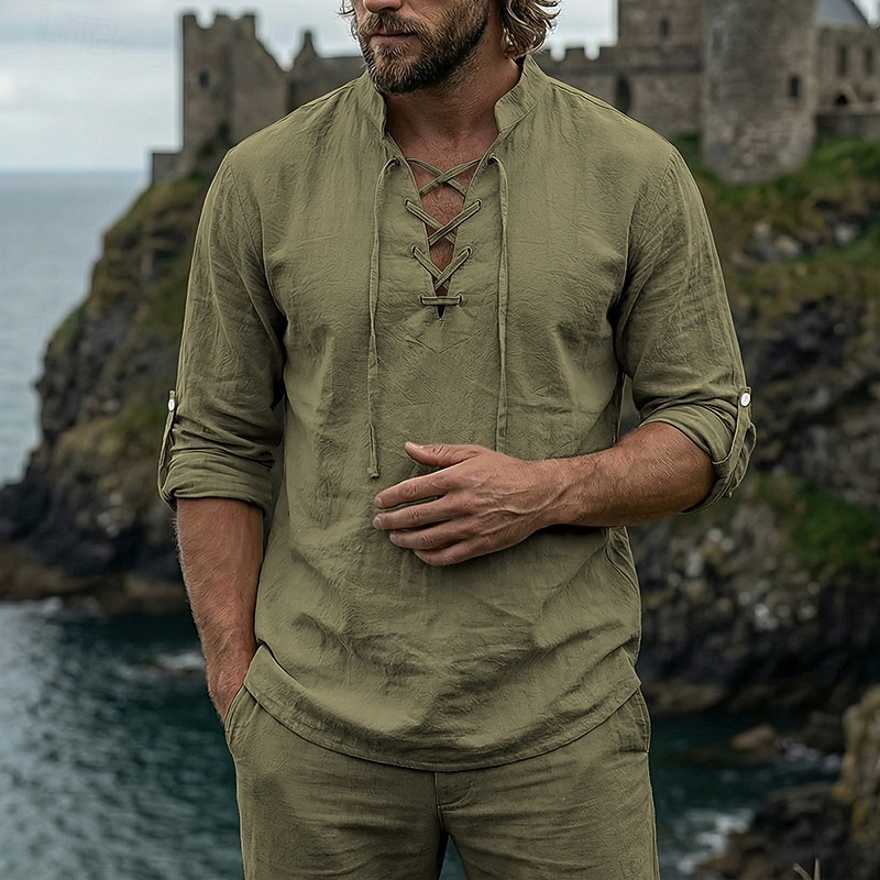 Homme Chemise Chemise en lin Style Viking Chemise popover Chemise d'été Chemise à col officier Uni Occasionnel Vacances Noir Blanche Vert Kaki manche longue Col en V Été Printemps Vêtement Tenue de 2026 ? $25.99 –P15