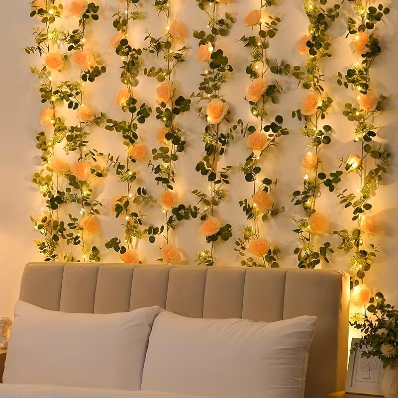 Mesterséges Rózsa Hajlék Füzér Fények 2m 20LED Akkumulátoros 8 Szimulált Virággal és Zöld Növényekkel Esküvőkön Születésnapokon Otthon Hálószobában Erkélyen és Kertben Dekorációhoz 2026 - $35.99 –P6