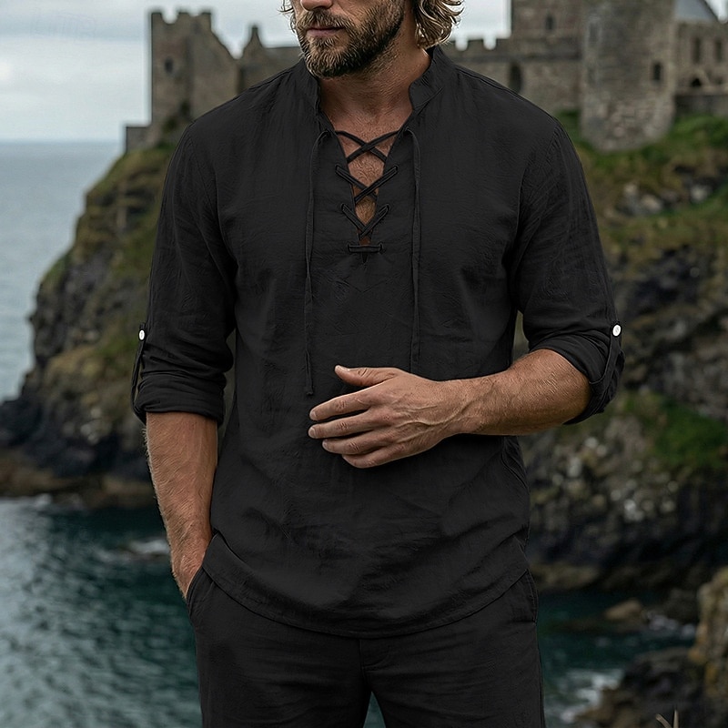 Homme Chemise Chemise en lin Style Viking Chemise popover Chemise d'été Chemise à col officier Uni Occasionnel Vacances Noir Blanche Vert Kaki manche longue Col en V Été Printemps Vêtement Tenue de 2026 ? $25.99 –P16