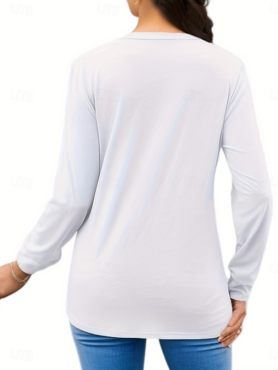 Dames T-shirt Met ruches Effen Modieus Klassiek Casual Lange mouw V-hals Normale tops Dagelijks Uitgaan Weekend Zwart Wit Blozend Roze Leger Groen Lente Herfst 2026 - $21.99 –P10