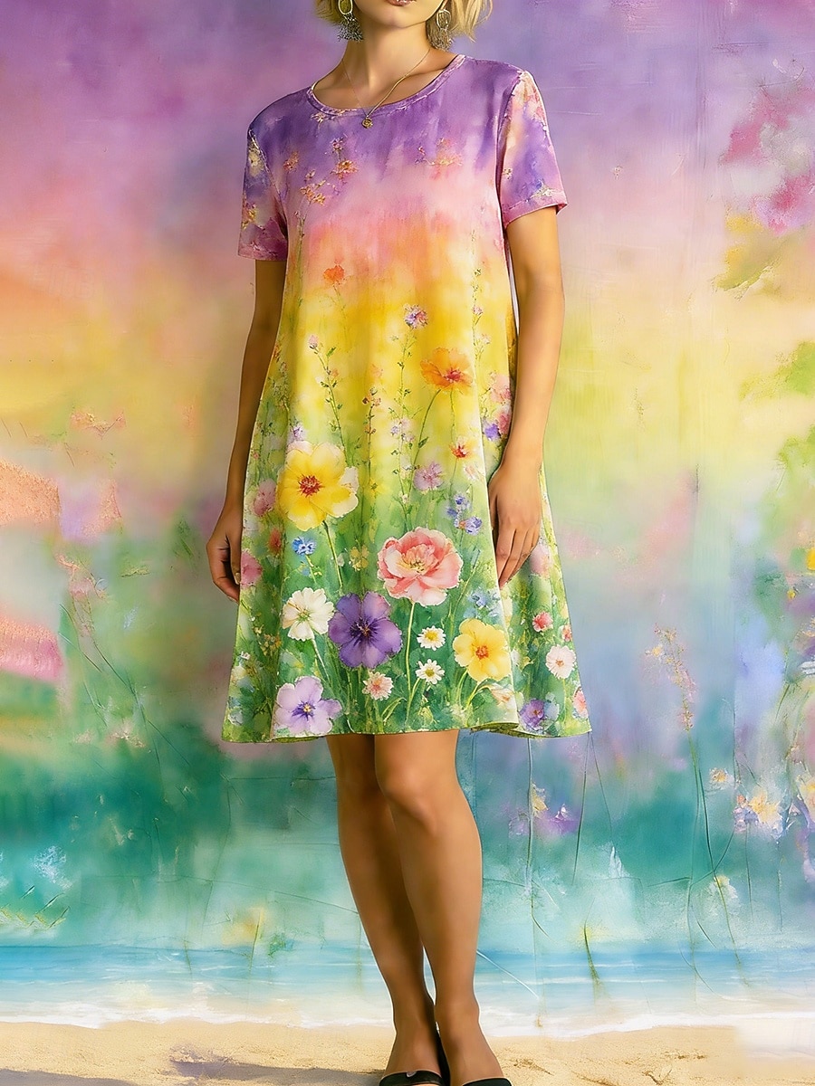 Mujer Mini vestido Vestido informal Vestido estilo camiseta Vintage Diario Exterior Vacaciones Ajuste regular Floral Manga Corta Cuello Barco Morado Verano Primavera 2026 - $24.99 –P1