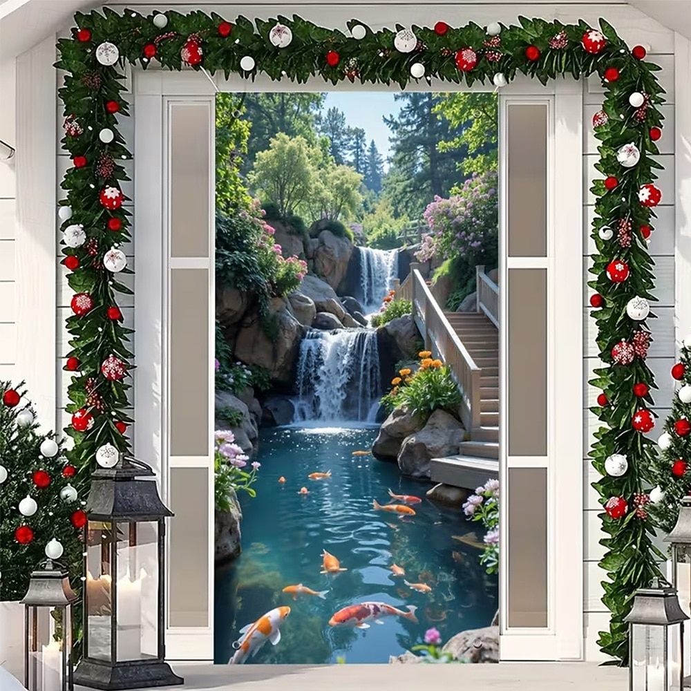 Tenda da ingresso con vista realistica della natura, da appendere alla parete per l'ingresso del portico, con banner per porta da giardino giapponese in 3D, scena con cascata e laghetto koi. del 2026 a $17.99 –P2
