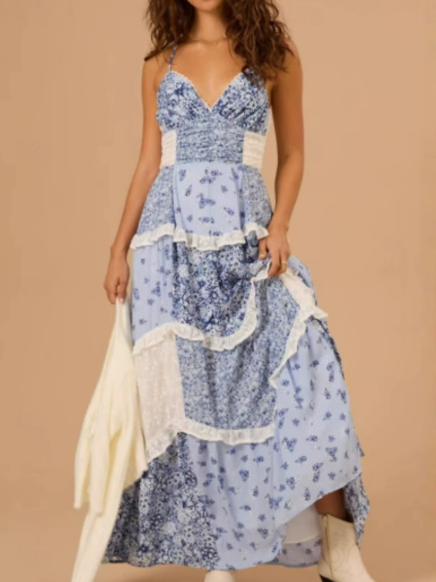 Per donna Abito maxi Vestito Casual Abito Floreale Abito Boho Moda Moderno All'aperto Vacanza Uscire Vestibilità regolare Floreale Senza Maniche Scollo a V Blu Rosso Viola Estate Primavera del 2026 a $42.99 –P4
