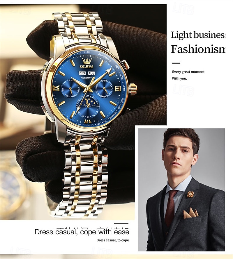 Montre homme Olevs neuve, élégante et fonctionnelle, avec affichage des phases de la lune, du calendrier, de l'heure sur 24 heures et du jour de la semaine. Montre mécanique automatique multifonctions de 2026 ? $121.99 –P12