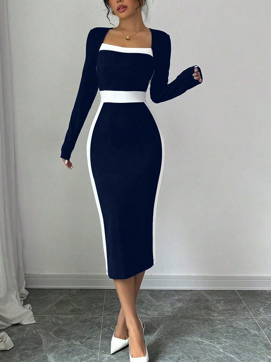 Dame Midikjole Bodycon kjole Semiformelle kjoler Kontor Normal Fargeblokk Langermet Firkantet hals Svart Navyblå Vår Høst 2026 - $31.99 –P9