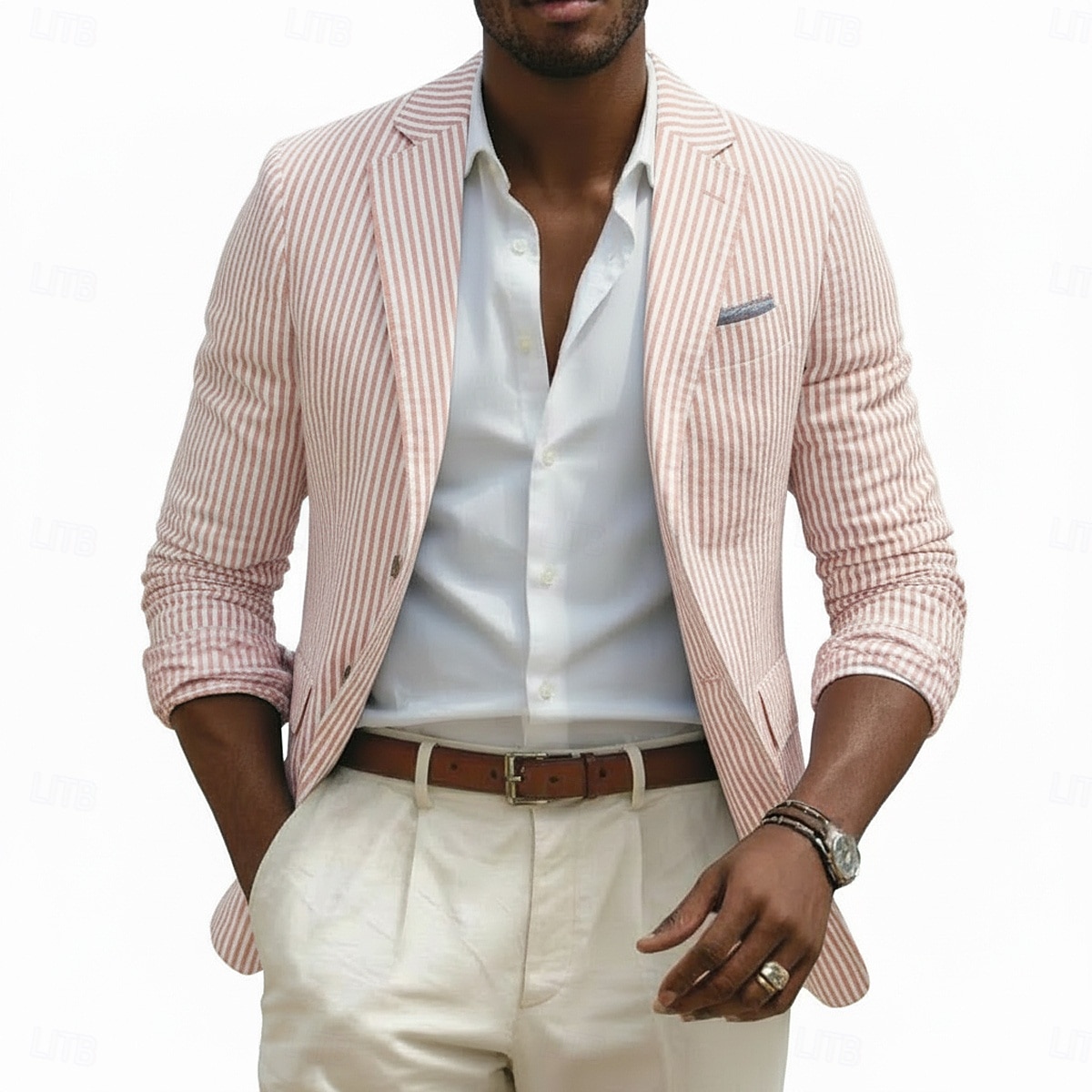 Chaqueta blazer para hombre, de seersucker, con cuello de muesca, ligera, informal, a rayas, en amarillo, rosa, azul cielo, corte entallado, botonadura sencilla, dos botones. 2026 - ZAR R1261 –P3