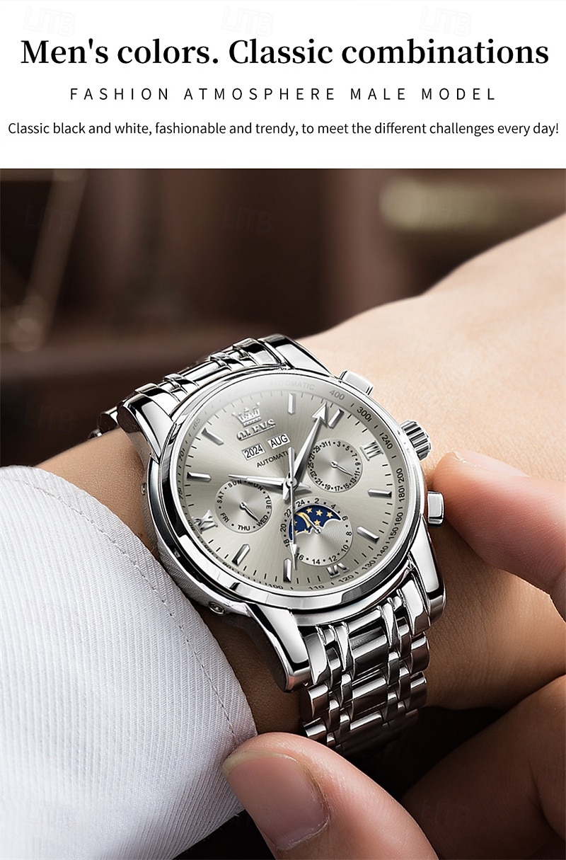 Montre homme Olevs neuve, élégante et fonctionnelle, avec affichage des phases de la lune, du calendrier, de l'heure sur 24 heures et du jour de la semaine. Montre mécanique automatique multifonctions de 2026 ? $121.99 –P21