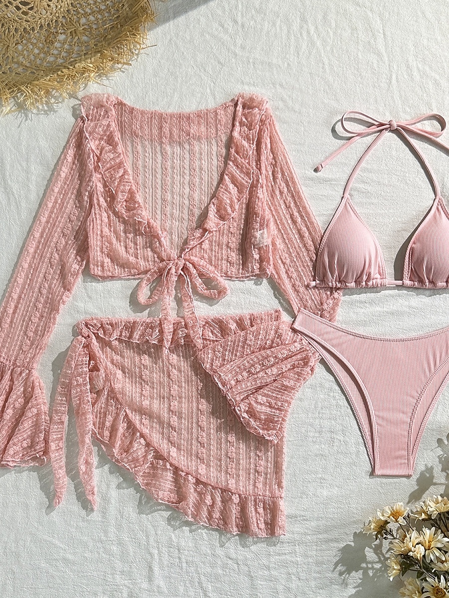Women's Swimwear Bikini Three Piece Cheeky Swimsuit Slim Backless Vacation Beach Wear Solid Color Halter Neck Sleeveless Long Sleeve Bathing Suits 2026 - $33.99 –P7