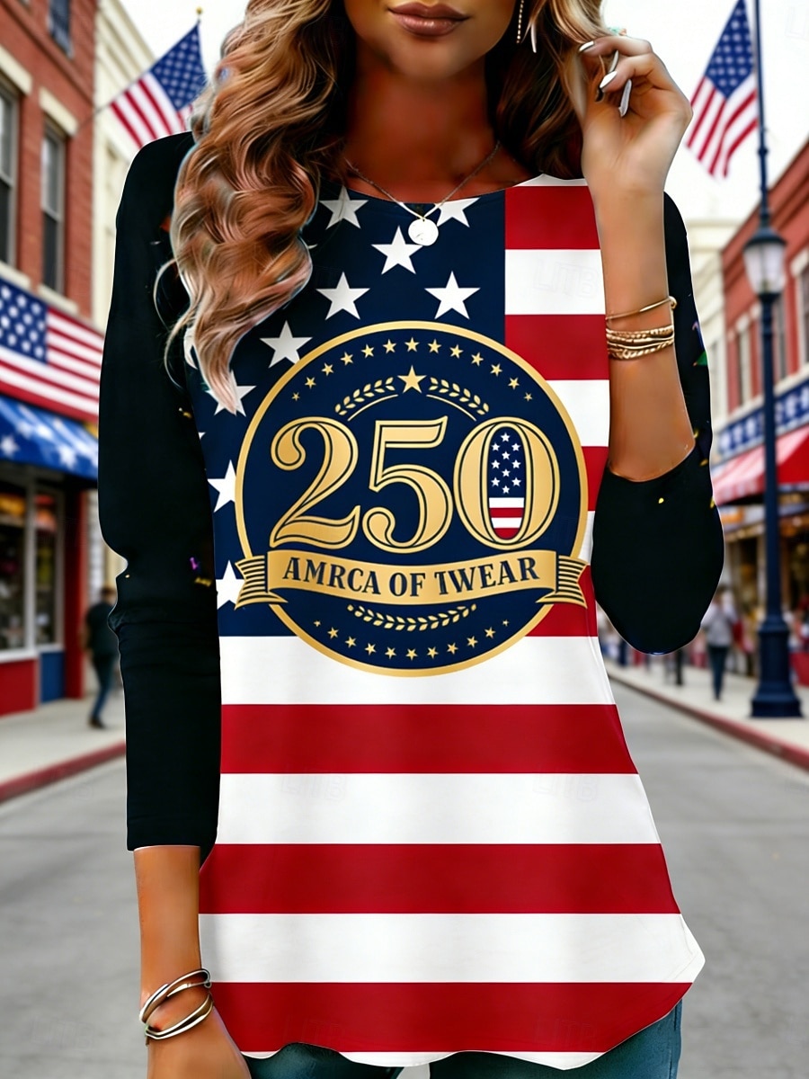 día de la independencia americana Mujer Camiseta Camiseta superior Estampado Graphic Bandera estadounidense Moda Elegante Clásico Manga Larga Cuello Barco Tops regulares Diario Fin de semana Ropa de 2026 - $19.99 –P2