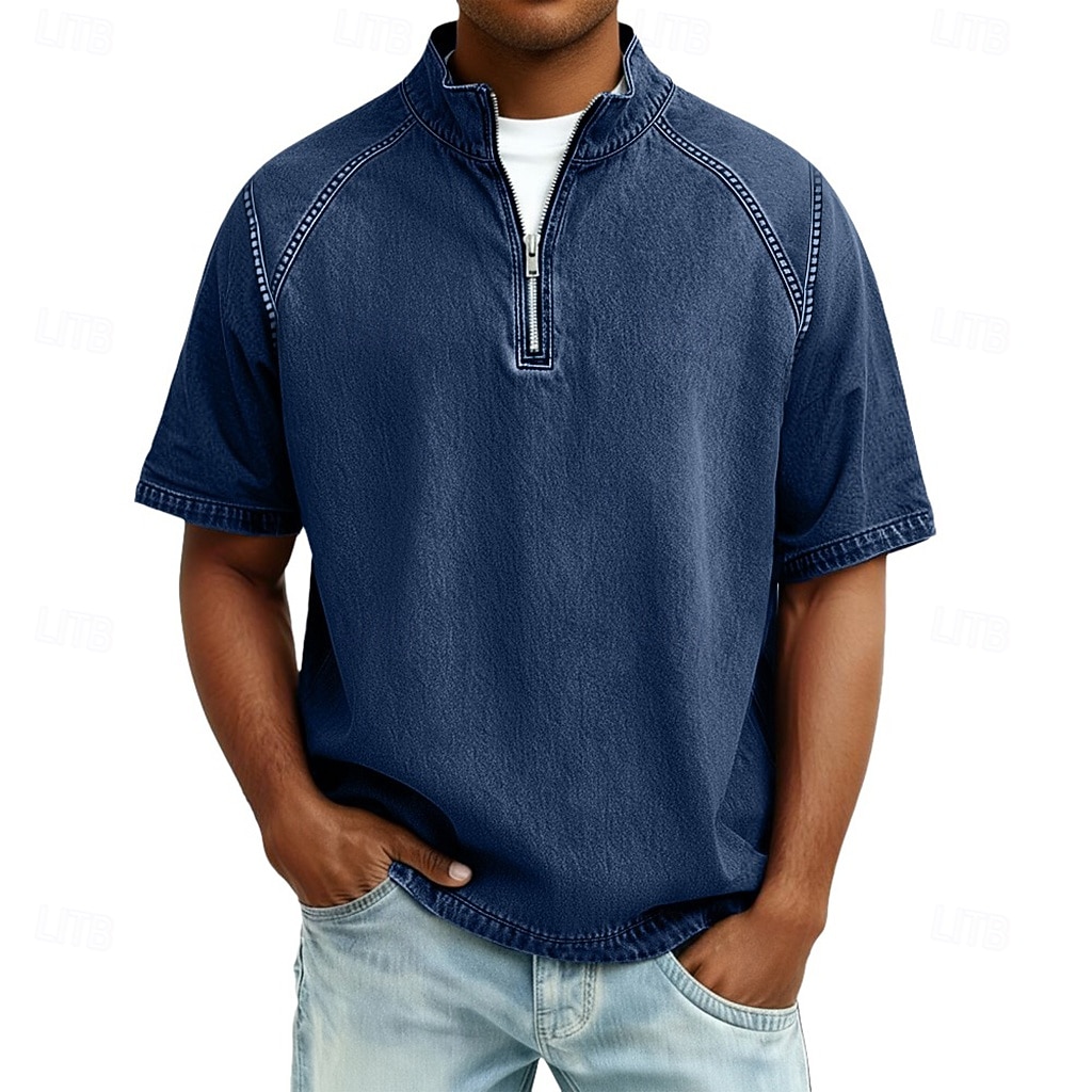 Heren Overhemd van 100% katoen met zure wassing T-shirt Korte mouw Opstaand Herfst winter Lente Herfst Effen Vintage Streetwear Casual Rits omhoog Kledingstuk geverfd Standaard Casual Huis Straat 2026 - $31.99 –P8