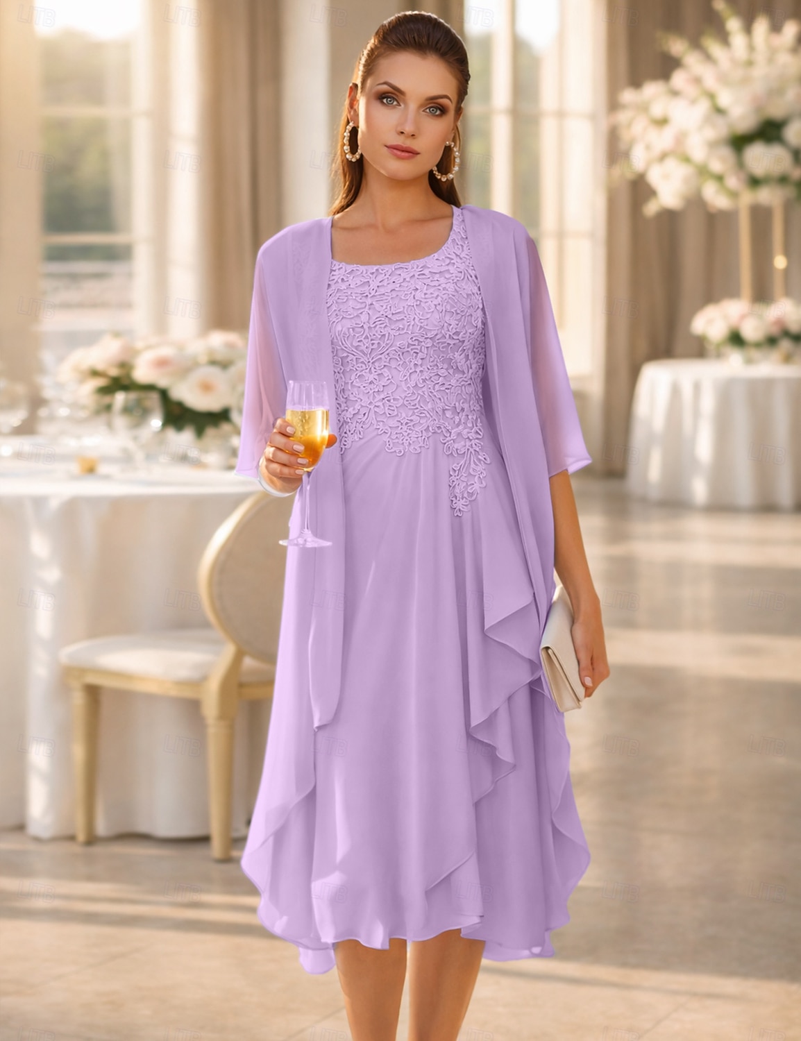 Из двух частей А-силуэт До колена Свадебное платье для гостей Платье для матери невесты Без рукавов Совок шеи Элегантный стиль Свадебный гость Свадебные прием Шифон Кружева Платья-жакеты с 2026 - $157.99 –P12