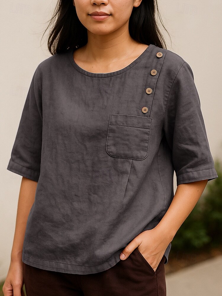 Women's Blouse Faux Linen Shirt Pocket Buttons Plain Basic Casual Half Sleeve Crew Neck Regular Tops Daily Blue Red Green Gray Summer Spring 2026 - $21.99 –P4