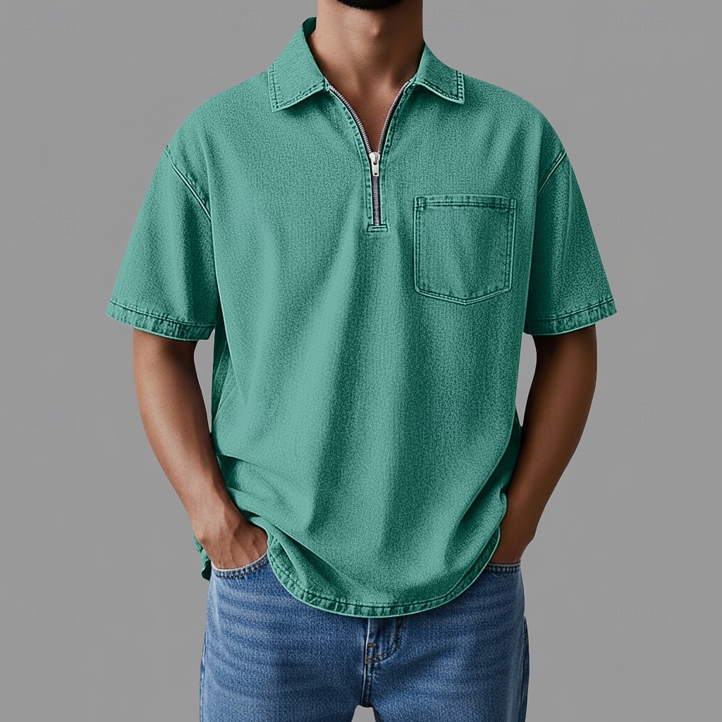 Polo de cremallera SoftFade™ Camiseta de Algodón para Hombre Ropa diaria Cita Media cremallera Manga corta Moda Básica Lisa Bolsillo con cremallera Primavera y Verano Ajuste regular Negro Rosa Marrón 2026 - $35.99 –P1