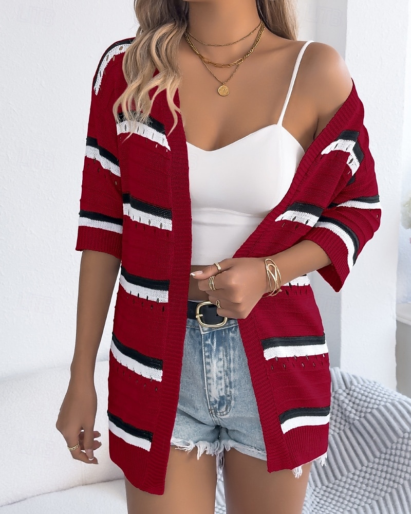 Dam Skjorta Blus Stickad Randig Stylish Klassisk Modern Halvlång ärm V-hals Vanliga toppar Dagligen Helgdag Utekväll Vin Brun Kaki Sommar Vår 2026 - $34.99 –P9