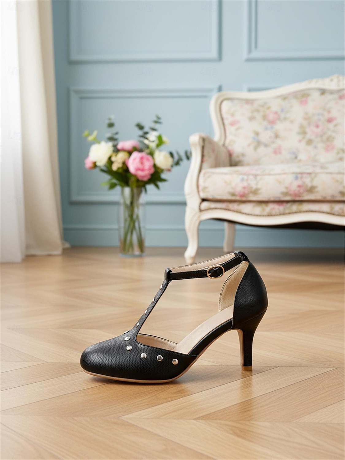 Pantofi cu toc mediu, negri, cu bareta în T și accente argintii, model Mary Jane pentru femei – stil elegant de zi cu zi, pentru ținute profesionale de birou și naveta elegantă 2026 - $46.99 –P6