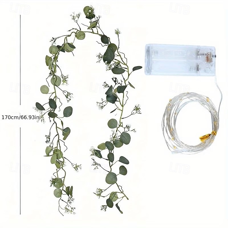 Artificial Eucalyptus Leaf Wreath String Lights Green Leaves Simulated Hanging Plant 1.7m 20LEDs for Weddings Valentine's Day Bedroom Balcony, Garden Dining Table Holiday Decoration 2026 - $16.49 –P8