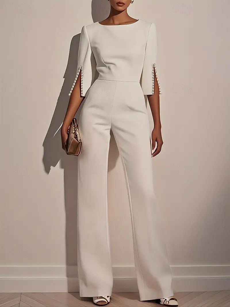 Mujer Normal Mono Elegante Color sólido Media Manga Perneras anchas Escote Redondo Alta cintura Oficina Trabajo Ajuste regular Negro Blanco Rosa Verano 2026 - $36.99 –P2