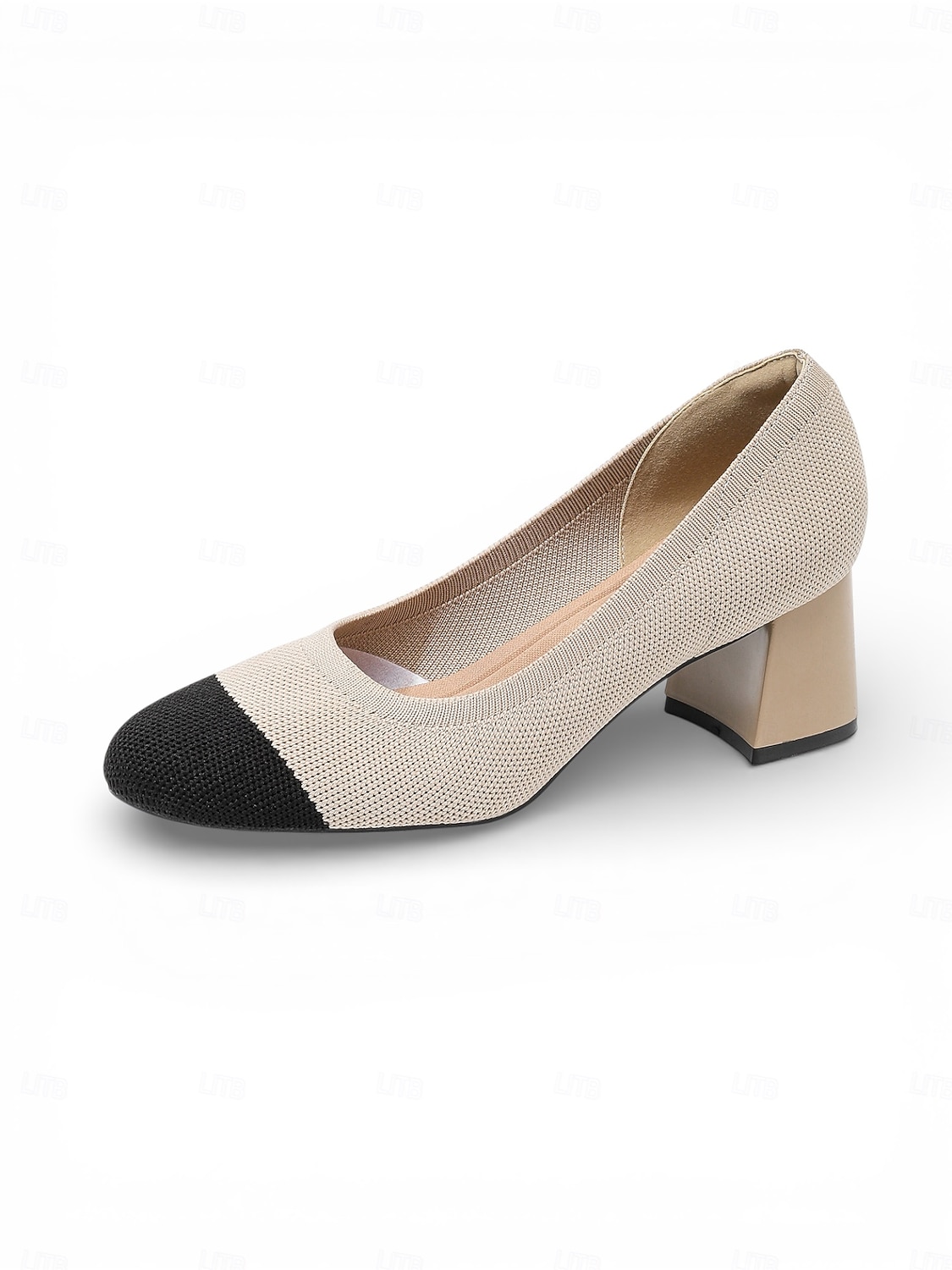 Zapatos de tacón de bloque con puntera de punto en beige y negro para mujer: cómodos zapatos sin cordones transpirables para desplazamientos diarios de negocios y trabajo de oficina. &damas 2026 - $46.99 –P7