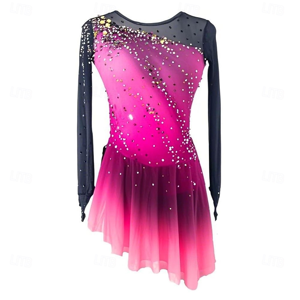 Figure Skating Dress Women's Ice Skating Dress Violet Pink Royal Blue Patchwork Thumbhole Stretchy Training Competition Skating Wear Classic Crystal / Rhinestone Long Sleeve Ice Skating Figure Skating 2026 - $240.39 –P4