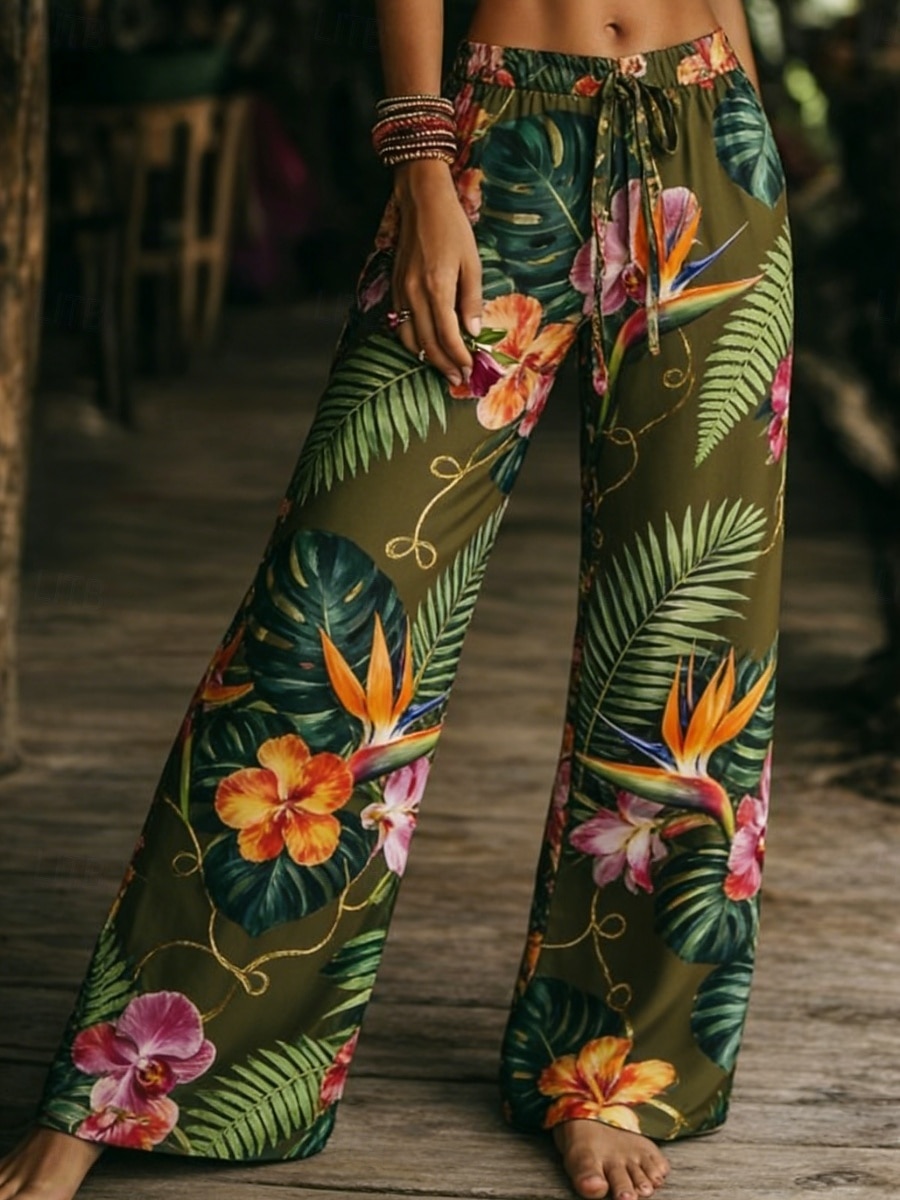 2026年 女性用 ワイドレッグ チノパン パンツ ファッション ベーシック ボヘミアン 全長 ミディアムウエスト フラワー ポケット 弾性ウエスト プリント 快適 通気性 伸縮性なし 日常 アウトドア バケーション グリーン 夏 春 秋 レギュラー  コレクション – $37.99 –P1