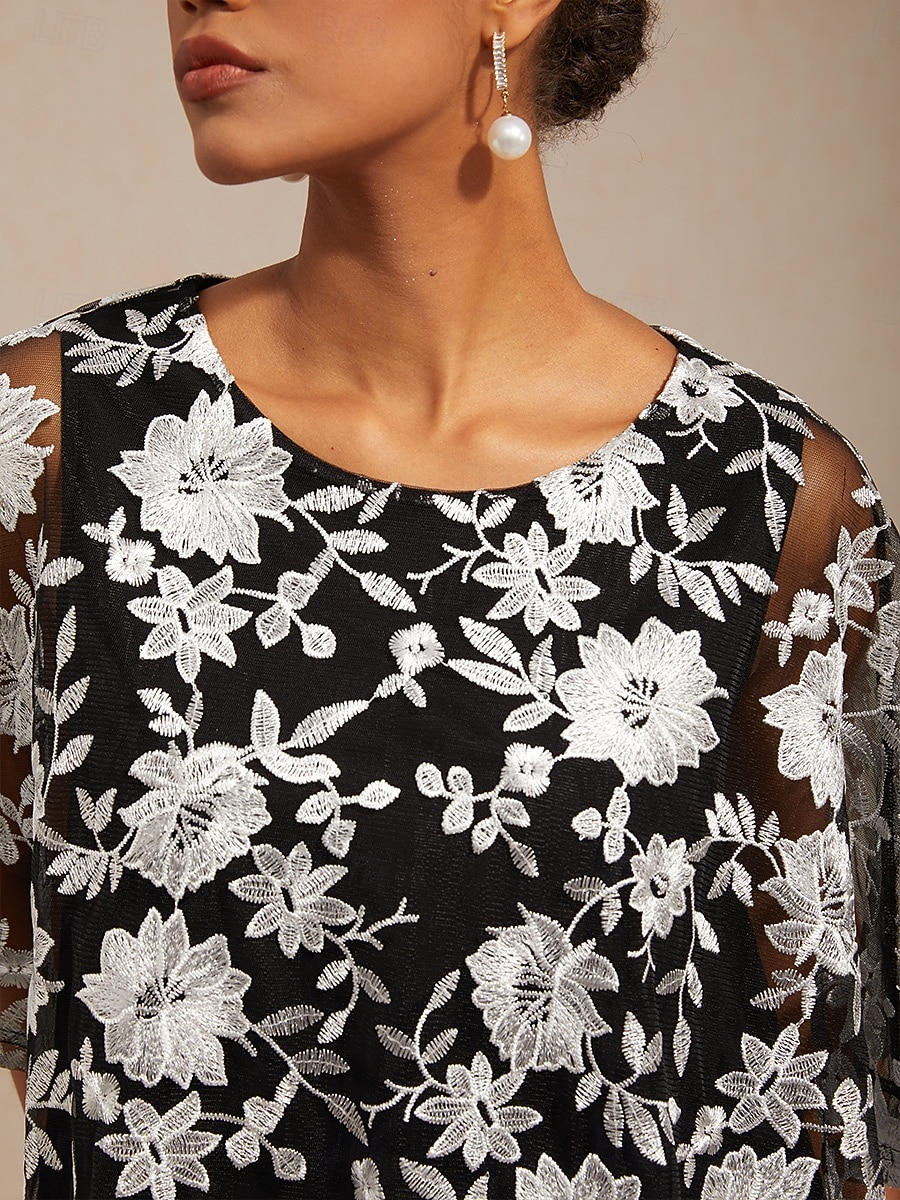 2026年 女性用 ブラウス レーストップス レース 刺繍 フラワー エレガント ハーフスリーブ バットウィングスリーブ クルーネック 日常 結婚式のゲスト ブラック 夏 春 秋  コレクション – $86.99 –P3