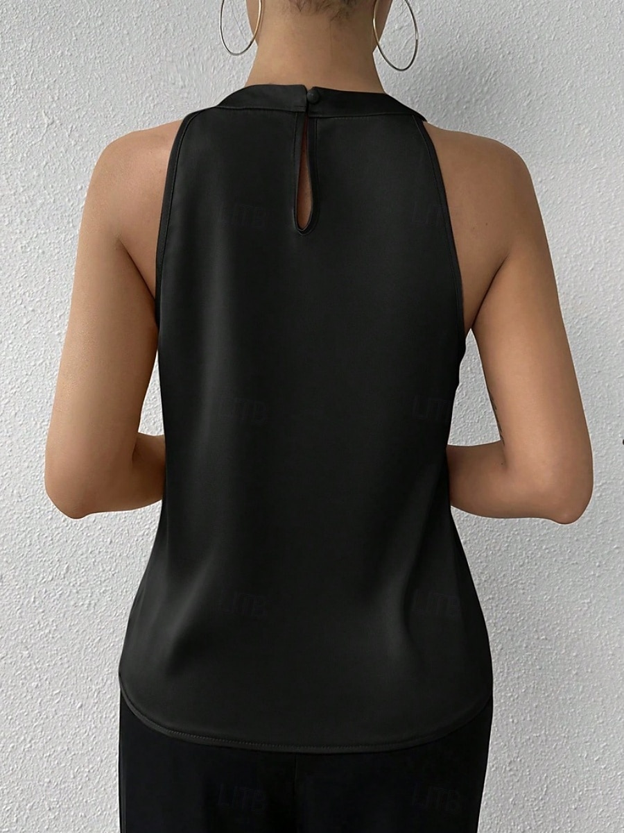 Damskie Elegancki Top satynowy Satynowa koszula Koszula obozowa Z marszczeniami Jednokolorowe Elegancki Podstawowy Codzienny Bez rękawów Kantarka Zwykłe topy Codzienny Święto Wyjściowe Czarny Biały 2026 - $25.99 –P12