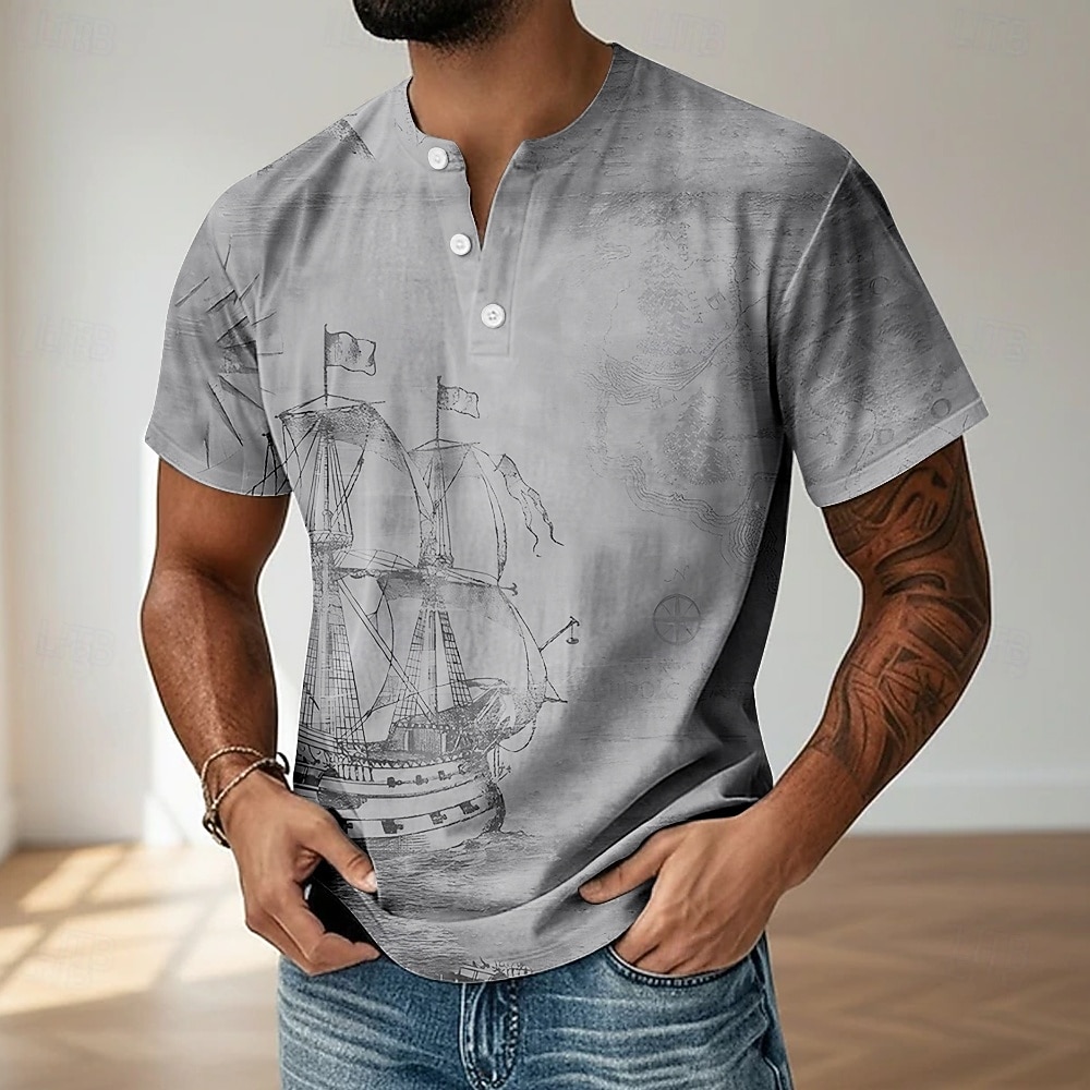 Herre Årgang T skjorte Henly-skjorte Kortermet Designer Retro / vintage Henley Avslappet Daglig Gate Sommer Vår Blå Grå Lilla Grønn Kakifarget Henley Henley T-skjorte 2026 - $18.99 –P5