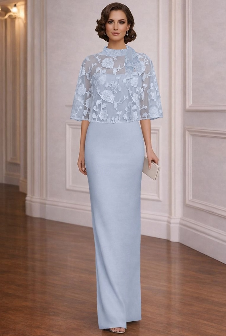 Sheath Column Dress Floor Length Wedding Guest Dress Formal Dresses Evening Gown Mother of the Bride Dress Half Sleeve High Neck Elegant Simple Casual Formal Chiffon Jacquard Shawls with Lace 2026 - $148.99 –P1