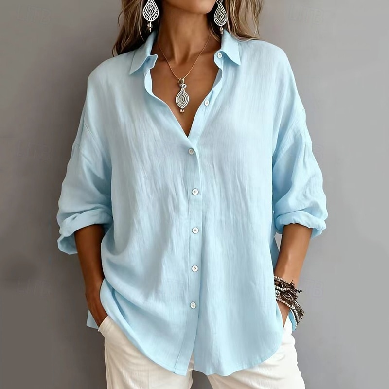 camicie da donna in cotone camicia con bottoni camicetta tinta unita vintage elegante moderna camicia a maniche lunghe colletto top regolare quotidiano vacanza uscire blu bianco giallo rosa rosa grigio primavera autunno del 2026 a $24.99 –P5