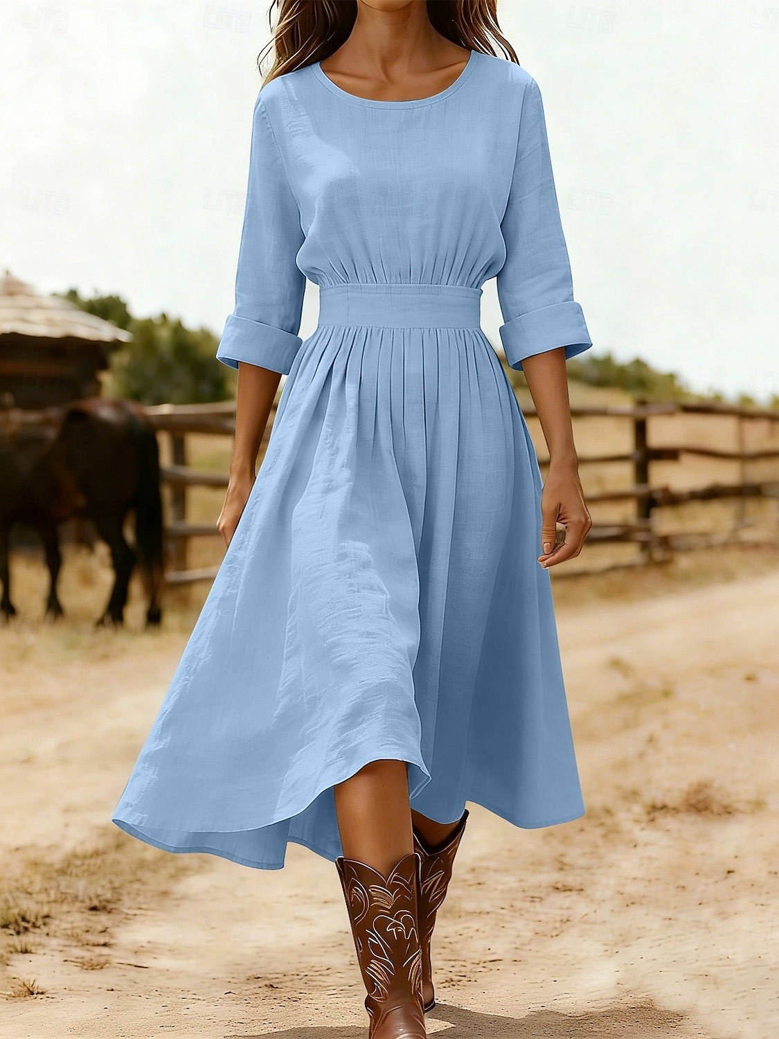 2026年 女性用 ミディドレス A ラインドレス 旅行度假风 カジュアル レギュラー 平織り 七分袖 クルーネック ブルー ブラック ピンク ネイビーブルー 夏 春 秋  コレクション – $33.99 –P3