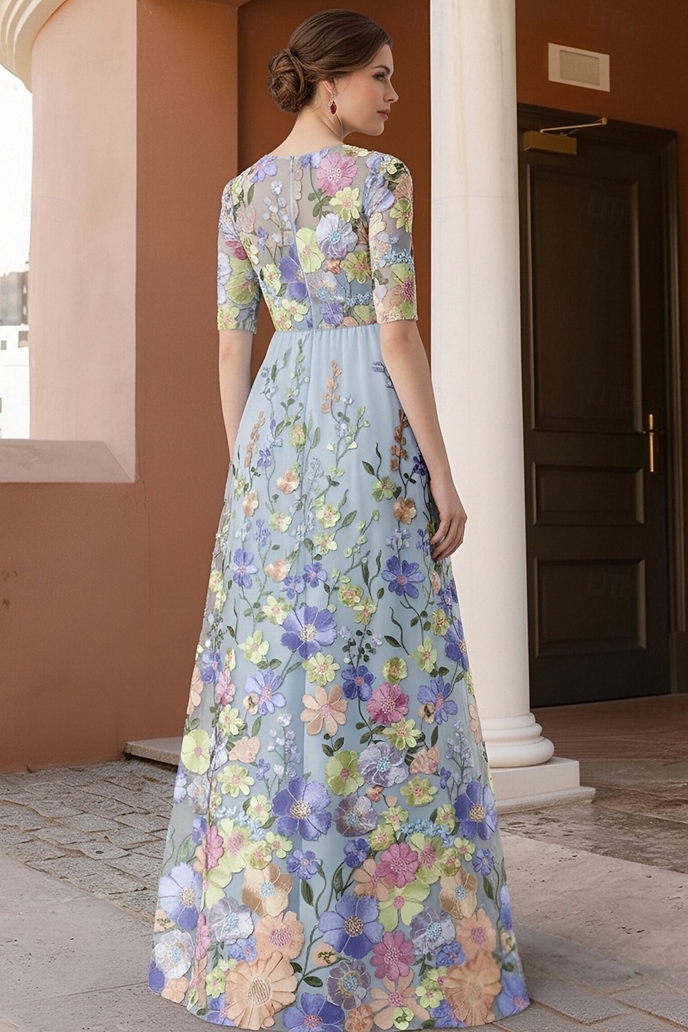 A-linje Kjoler Gulvlengde Festkjole Cocktail Kjole Gjestekjole til bryllup Kjole til brudens mor Halvlange ermer Crew-hals Illusjon Hals Elegant Årgang Formell Blonder Tyll med 3D-blomster Broderi 2026 - $178.99 –P3