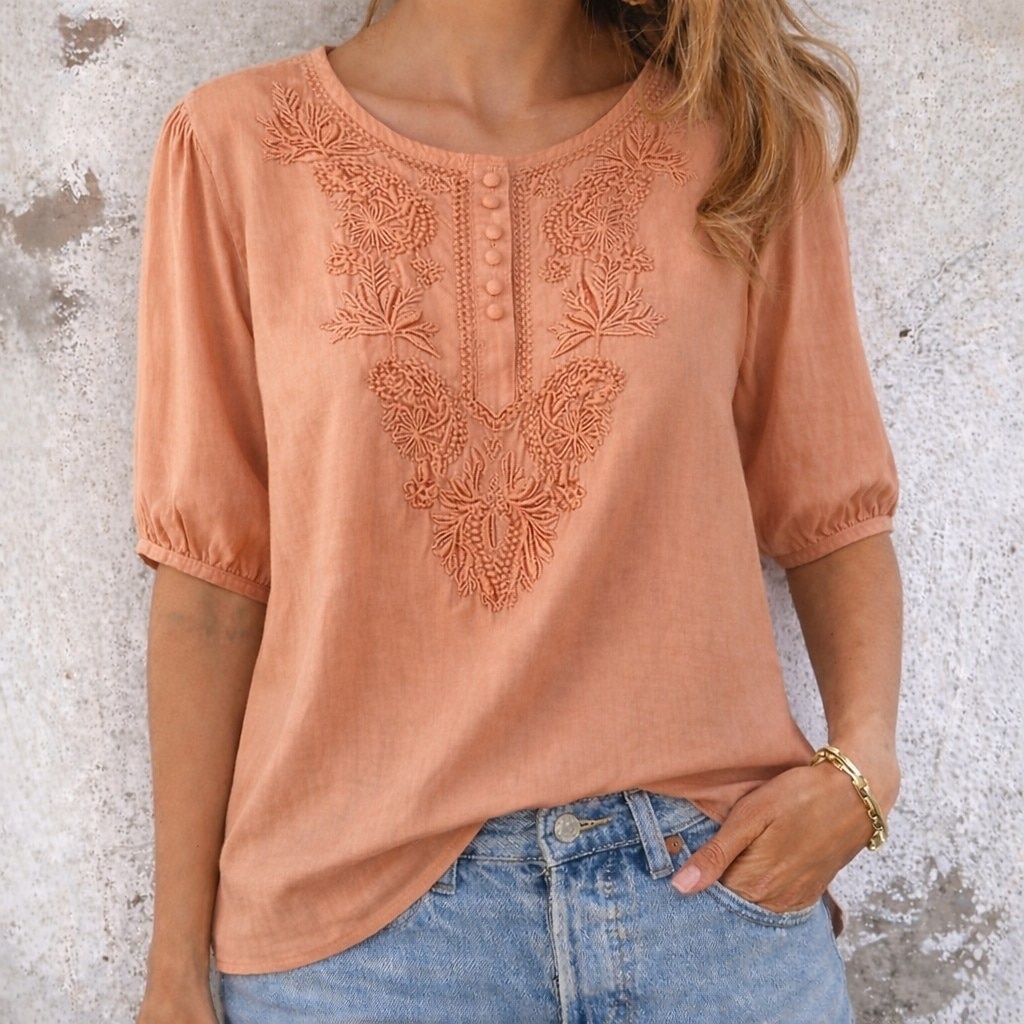 Per donna Maglietta in cotone e lino T-shirt ricamata Bottoni Vintage Etnico Casual Mezza Manica Manica a Palloncino Henley Top Regolari Quotidiano Uscire Blu Bianco Giallo Arancione Cachi Estate del 2026 a $21.99 –P7