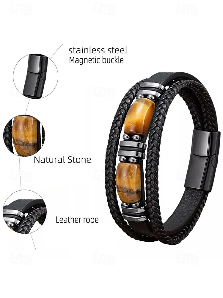 Men's Natural Stone & Faux Leather Bracelet, Braided Casual Style Wristband in Multiple Colors, Men's Fashion Jewelry for Everyday Casual Wear and Street Style 2026 - $11.99 –P10