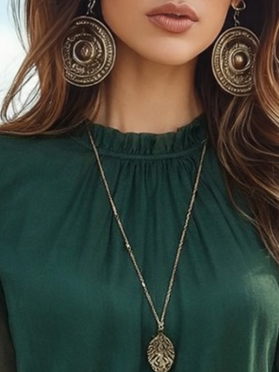 Women's Popover Shirt Dress Shirt Blouse Patchwork Mesh Solid Color Elegant Vintage Stylish Long Sleeve Stand Collar Regular Tops Daily Outdoor Streetwear Green Spring Fall 2026 - $19.99 –P3