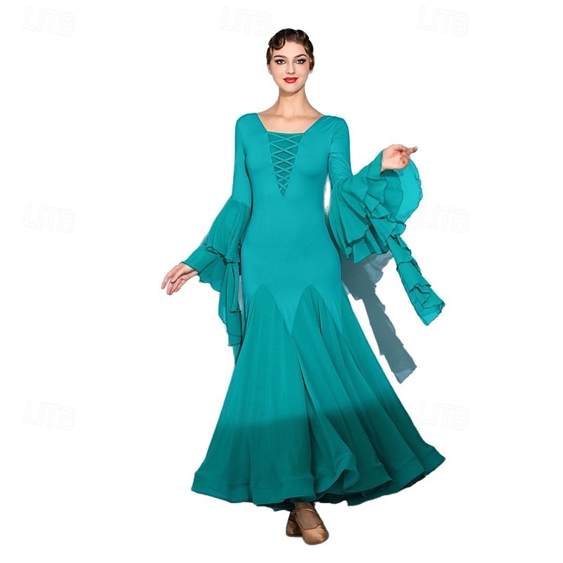 abito da ballo da sala nero da donna con scollo a V, maniche a balze multistrato, abito da valzer, abbigliamento da ballo moderno standard da competizione del 2026 a $161.99 –P8