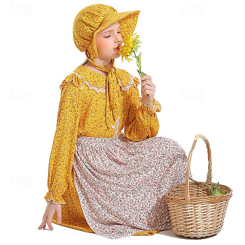 250e jubileum VS 19e eeuw jaren 1800 Prairiejurk Bonnet en schortset Lange Mouwen Pionier Meisje Koloniaal Pionier Onafhankelijkheidsoorlog Bloemig Kostuum Voor meisjes Halloween Carnaval 4 juli 2026 - $38.99 –P2