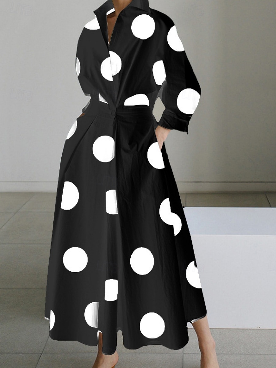 Per donna Mini abito Abito Camicia Vestito Casual Abito a trapezio Moda Moderno Quotidiano Vacanza Uscire Vestibilità regolare A Pois Lettera Manica Lunga Colletto a Camicia Bianco e nero Nero Bianco del 2026 a $31.99 –P2