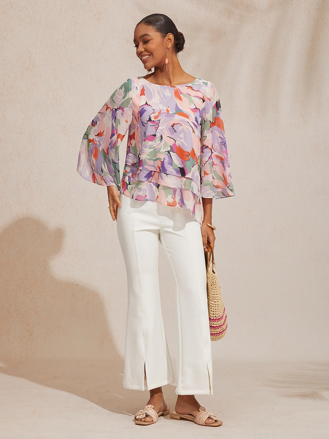 Spring Blooms Flowy Chiffon Layered Design Pink Blouse 2026 - $67.99 –P1