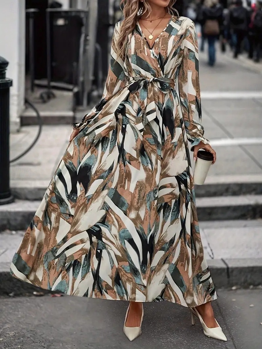 Women's Long Dress Maxi Dress A Line Dress Floral Dress Elegant Fashion Modern Daily Outdoor Vacation Regular Fit Floral Long Sleeve V Neck Red Brown Spring Fall 2026 - $25.99 –P7
